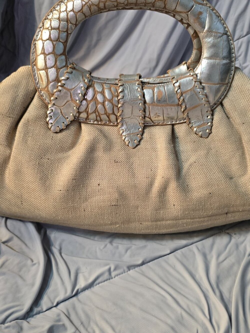 Vintage Donald J Pliner Metallic Silver Croc Embossed & Canvas Satchel Bag